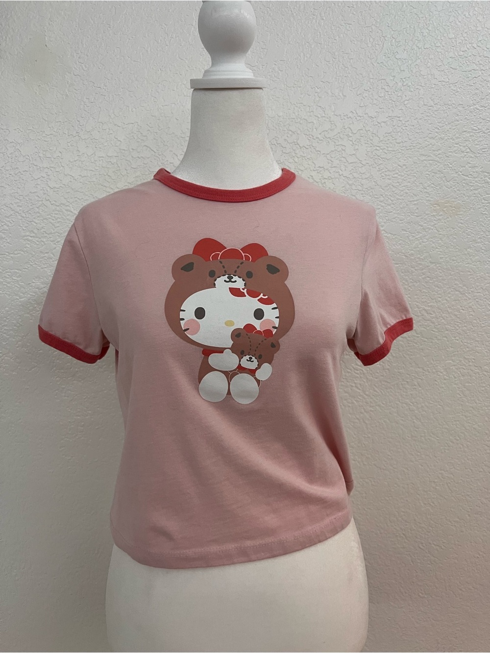 Hello Kitty Teddy Bear Costume Pink Ringer Tee Size Small Kawaii Sanrio Graphic